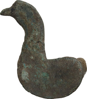 reverse: Bronze decorative element in the shape of a swan.  Roman period, 1st-3rd century AD.  H: 42 mm