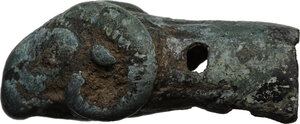 obverse: Bronze petera handle with ram s head terminal.  Roman period, 1st century AD.  L: 68 mm
