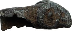reverse: Bronze petera handle with ram s head terminal.  Roman period, 1st century AD.  L: 68 mm