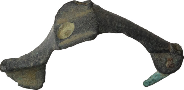 reverse: Bronze fibula with stylized face.  Romano-celtic perdiod.  29 mm