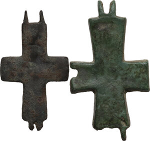 obverse: Lot of two framents of bronze enkolpion.  Byzantine, 9th-11th century AD.  54 x 21 mm. 20.14 g