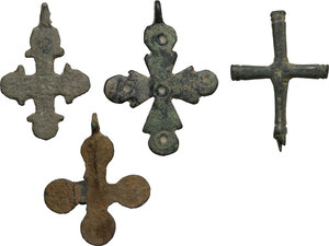reverse: Lot of 4 bronze crosses (one broken).  Byzantine period.  40 mm, 45 mm, 38 mm, 40 mm
