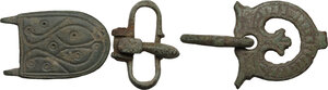 obverse: Lot of 3 bronze belt terminals.  Late Roman to Medieval period.  30x23 mm, 31x27 mm, 31x28mm