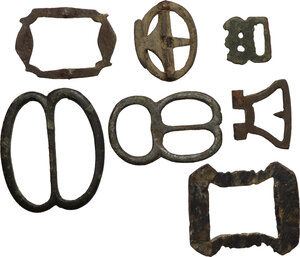 reverse: Medieval.. Lot of seven (7) AE belt buckles