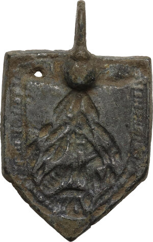 obverse: Bronze horse harness pendant.  Medieval.  37 x 23 mm