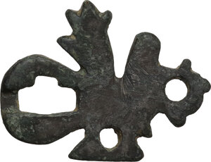 reverse: Bronze belt terminal in the shape of a cock.  Medieval period.  28 x 20 mm