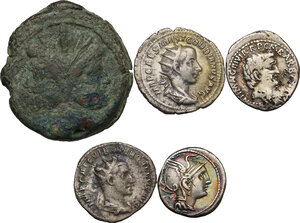 obverse: Roman Republic and Empire.. Lot of 1 AE and 4 AR denominations, including Cr. 299/1a, Cr. 517/2, Gordian III and Trebonianus Gallus