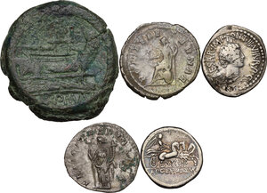 reverse: Roman Republic and Empire.. Lot of 1 AE and 4 AR denominations, including Cr. 299/1a, Cr. 517/2, Gordian III and Trebonianus Gallus