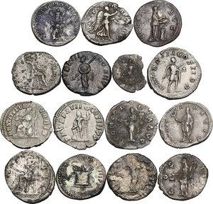 reverse: The Roman Empire.. Multiple lot of fifteen (15) unclassified AR Coins (14 Denarii and Quinarius of Vespasian)