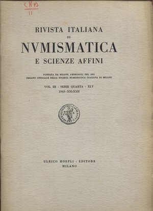 obverse: A.A.V.V. - R.I.N. –  Milano, 1943. Completo. pp. 36,  tavv. 5. Ril. ed. buono stato, importanti articoli di numismatica romana, e medaglistica.