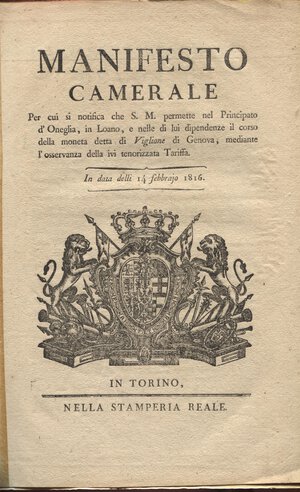 obverse: A.A.V.V. – Manifesto camerale riguardante monete di Genova.  Torino, 1816.  Pp. 4. Ril. cart. Buono stato raro.