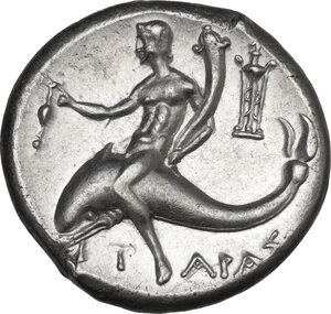reverse: Southern Apulia, Tarentum. AR Nomos, c. 240-228 BC. Olympis magistrate