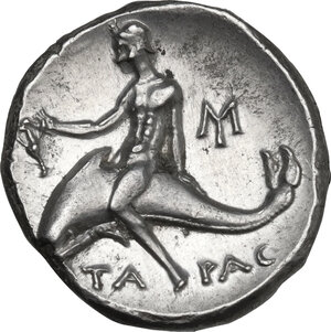reverse: Southern Apulia, Tarentum. AR Nomos, c. 240-228 BC, Aristippos magistrate