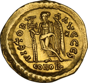 reverse: Ostrogothic Italy, Theoderic as kings of the Goths (474-493). AV Solidus, in the name of Zeno. Uncertain mint (Ticinum?)
