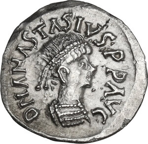 obverse: The Gepids. Uncertain king . AR Quarter Siliqua, in the name of Byzantine Emperor Anastasius I (491-518). Sirmium mint, c. 491-552 AD