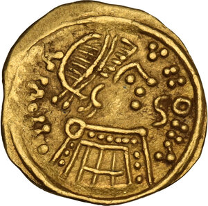 obverse: Lombardic Italy. Perctarit, second reign (672-688 AD). AV Tremissis, struck in the name of an emperor, blundered. Tuscany, uncertain mint