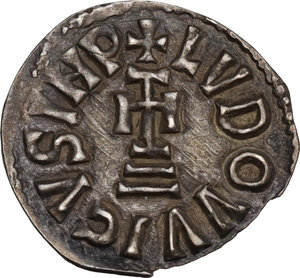 reverse: The Lombards at Beneventum. Adelchis (833-878). AR Denarius, in the name of Louis II Emperor and Angilberga