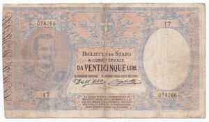 obverse: Vittorio Emanuele III (1900-1943). Biglietto di stato da 25 lire 23/03/1902 firme Dall Ara-Righetti