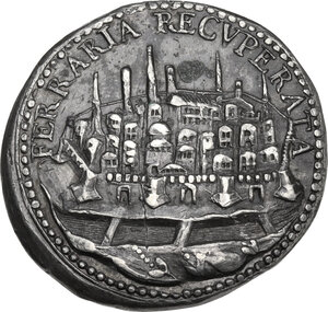 reverse: Clemente VIII (1592-1605), Ippolito Aldobrandini. Medaglia A. VII, devoluzione del ducato di Ferrara nei domini della Santa Sede
