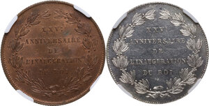 reverse: Belgium. Leopold I (1831-1865). Lot of two (2) commemorative 1856 coins 2 francs and 5 cents for the XXV kingdom s anniversary