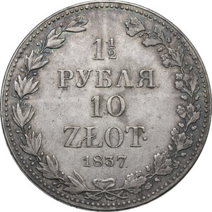 reverse: Poland. Nicholas I (1826-1855). 10 Zlotych or 1,5 roubles 1837 MW