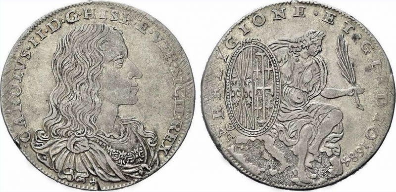 obverse: Italy -Spain #NAPLES Charles II of Spain, King of Naples and Sicily, Half Duchy 1684.Rare EF