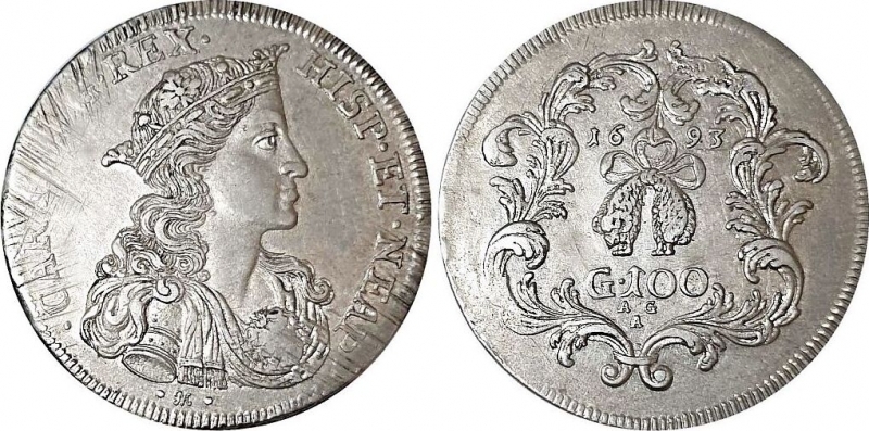 obverse: Italy 100 GRANA (DUCAT) Charles II of Spain, King of Naples and Sicily, 1665-1700. Duchy 1693 of 100 Gra AU / EF