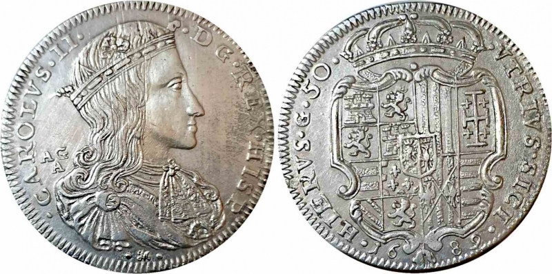 obverse: Italy Naples - Charles II King of Spain 1674-1700 50 Grana or half-Ducato 1689 .RR EF/UNC