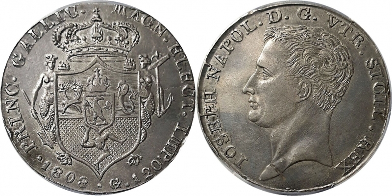 obverse: ITALY Kingdom of Naples, GIUSEPPE NAPOLEONE, 120 GRANA, 1808, mint of Naples AG. Uncom AU