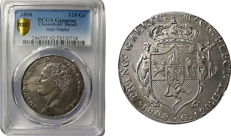 reverse: ITALY Kingdom of Naples, GIUSEPPE NAPOLEONE, 120 GRANA, 1808, mint of Naples AG. Uncom AU