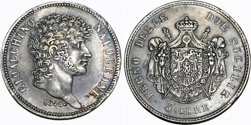 obverse: Italy 1813 Kingdom of the two Sicilies, GIOACCHINO NAPOLEONE (Gioacchino Murat), 5 LIRE, 18 EF