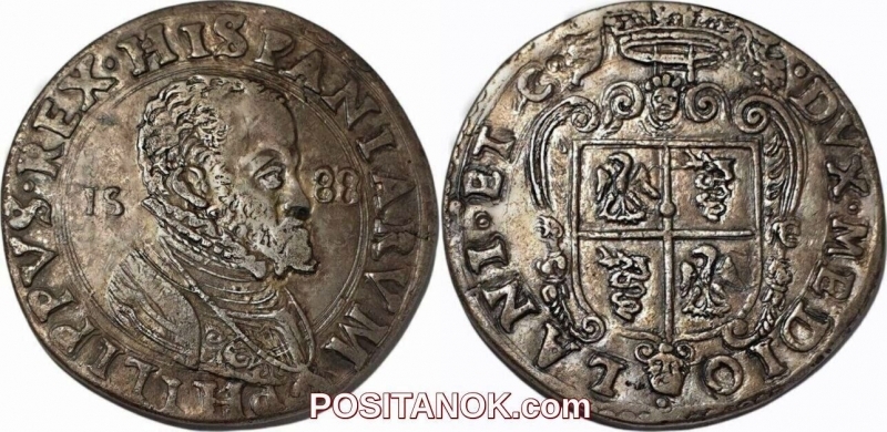 obverse: Italy -Spain ESCUDO MILAN. PHILIP II of Spain (1554-1598) Silver shield 1588. Rare. EF