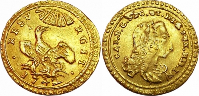 obverse: ITALY - SICILY Sicily - Charles of Bourbon (1734-1759) 1742 ounce, gold gr. 4.37 XF