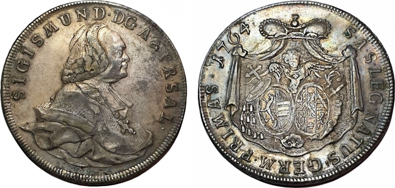 obverse: 1763, Salzburg, Sigismund Count von Schrattenbach. Large Silver Thaler Coin. XF-