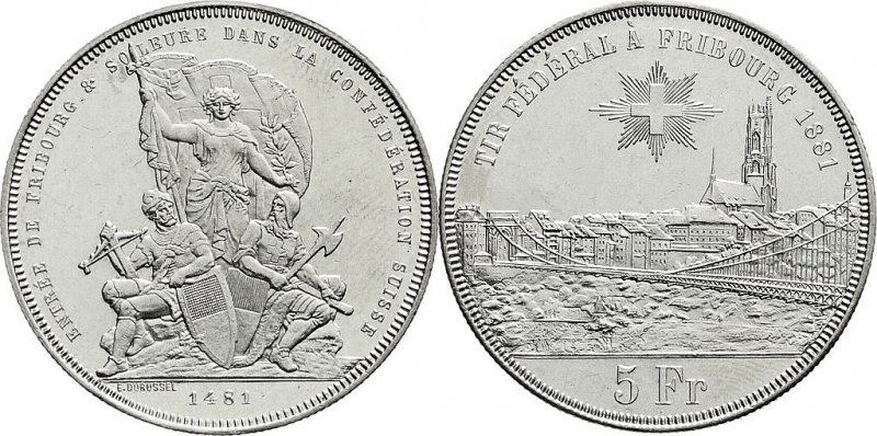 obverse: Swiss Confederation 5 Francs (Schützentaler) Friborg 1881. EF/AU