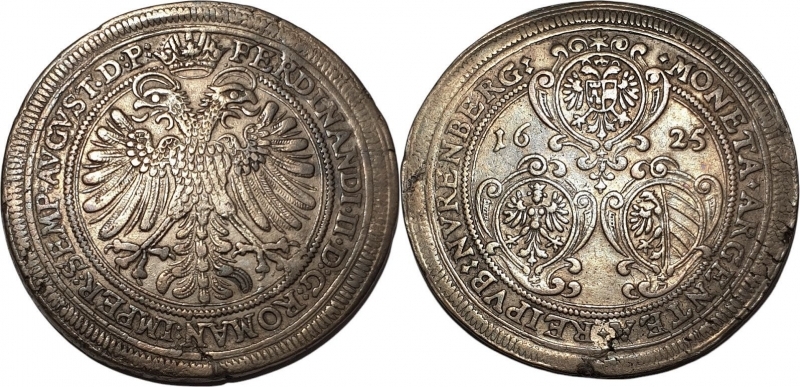 obverse: German States Thaler GERMANY, NUREMBERG, Imperial City, AR Taler, 1625. Under Ferdinand II. XF