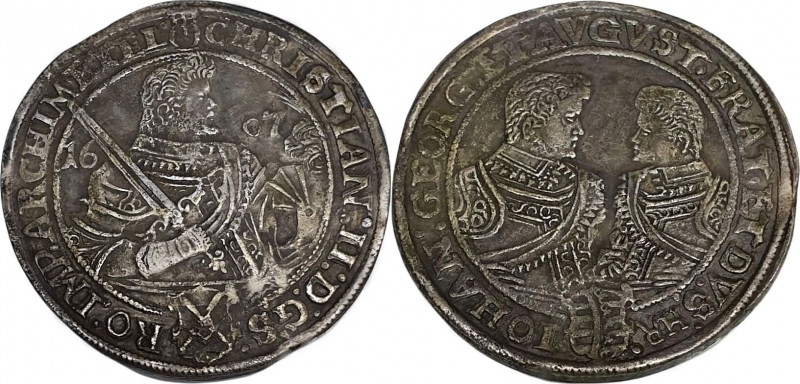 obverse: German States Sachsen Reichstaler 1607 Christian II, Johann Georg & August VF+