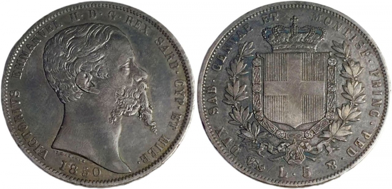 obverse: ITALY 1762 Kingdom of Sardinia Vittorio Emanuele II (1849-1861) 5 Lire 1850 Genoa Rare XF-