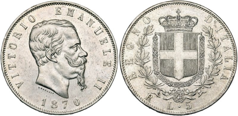 obverse: Kingdom of Italy, VITTORIO EMANUELE II, 5 LIRE, 1870, Rome.Rare EF