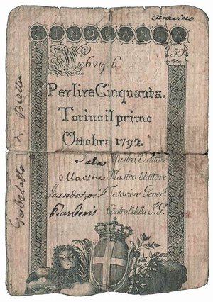 obverse: REGNO DI SARDEGNA -  Vittorio Amedeo III - Regie finanze - 50 Lire 1792.