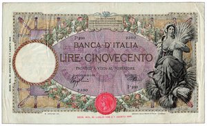 obverse: REGNO D’ITALIA - 500 Lire Mietitrice