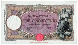 obverse: REGNO D’ITALIA - 500 Lire Mietitrice - Decr. 19/12/1940.