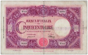 obverse: REPUBBLICA ITALIANA - 500 Lire C grande - Decr. 19/02/1947.