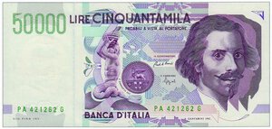 obverse: REPUBBLICA ITALIANA 50 mila Lire 