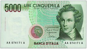 obverse: REPUBBLICA ITALIANA -  5.000 Lire Bellini - Decr. 04/01/1988 - Tripla A.