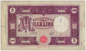 obverse: REPUBBLICA ITALIANA - 1000 Lire M grande - Decr. 22/11/1947.
