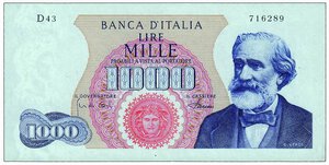obverse: REPUBBLICA ITALIANA - 1.000 Lire Verdi - Decr. 04/01/68.