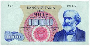 obverse: REPUBBLICA ITALIANA - 1.000 Lire Verdi - Decr. 14/01/1964.