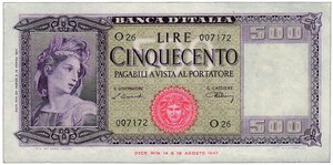 obverse: REPUBBLICA ITALIANA - 500 Lire Spighe - Decr. 16 agosto 1947.