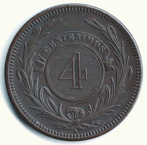 obverse: URUGUAY - Rep. Oriental de Uruguay - 4 Cent. 1869.